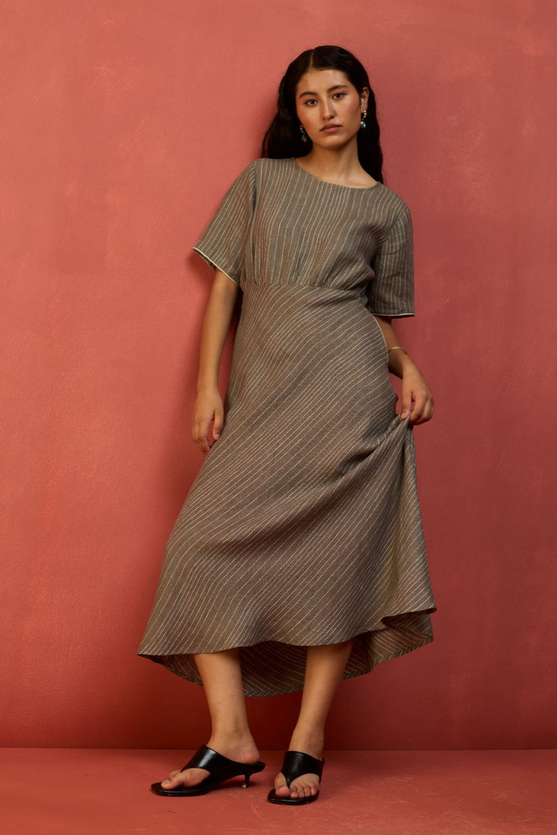 Fumi Bias Skirt Stripe Linen Dress - Grey linen by Manan in grey color for women in Singapore