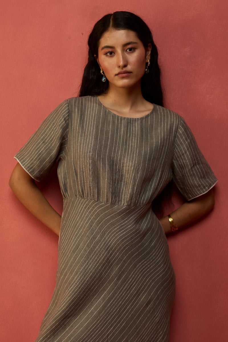 Fumi Bias Skirt Stripe Linen Dress - Grey linen by Manan in grey color for women in Singapore