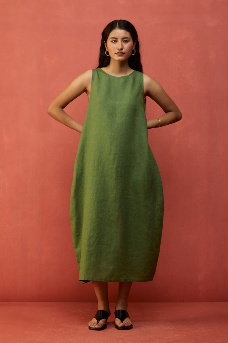 Juro Linen Parabola Dress - Fern Green linen by Manan in green color for women in Singapore