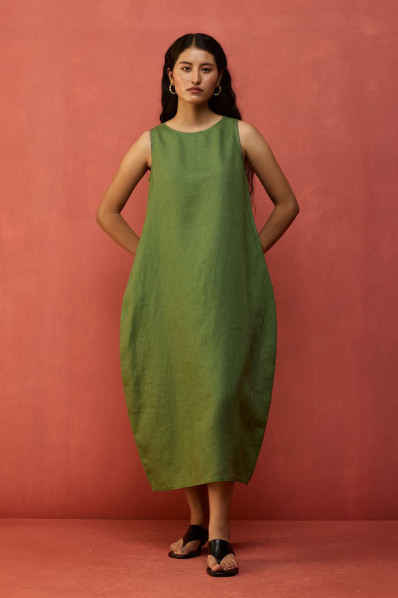 Juro Linen Parabola Dress - Fern Green linen by Manan in green color for women in Singapore