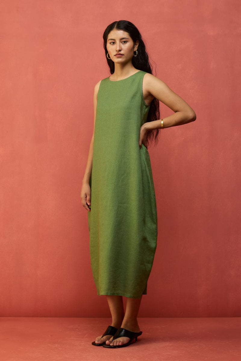 Juro Linen Parabola Dress - Fern Green linen by Manan in green color for women in Singapore
