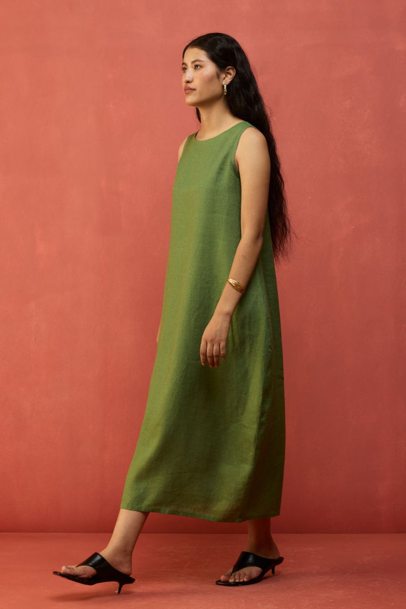 Juro Linen Parabola Dress - Fern Green linen by Manan in green color for women in Singapore