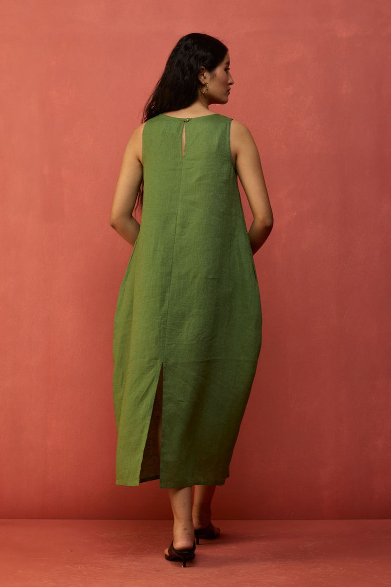 Juro Linen Parabola Dress - Fern Green linen by Manan in green color for women in Singapore