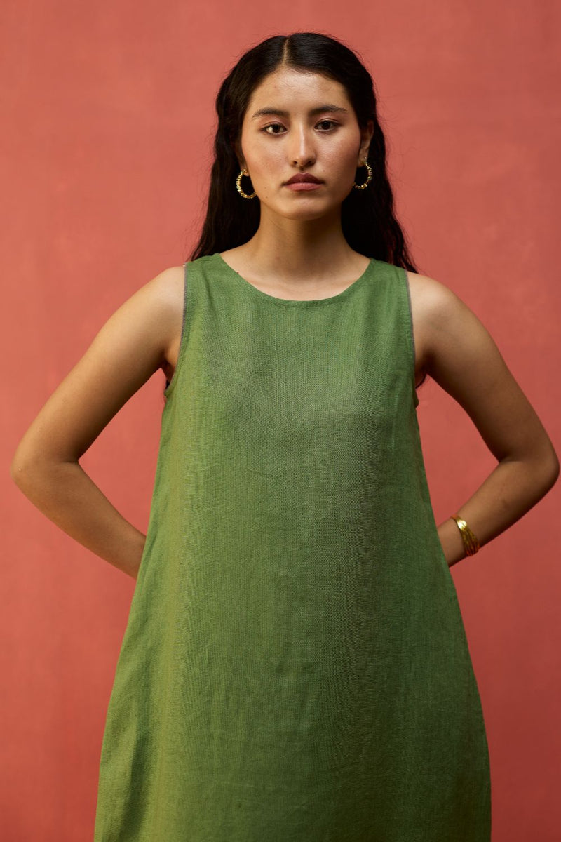 Juro Linen Parabola Dress - Fern Green linen by Manan in green color for women in Singapore