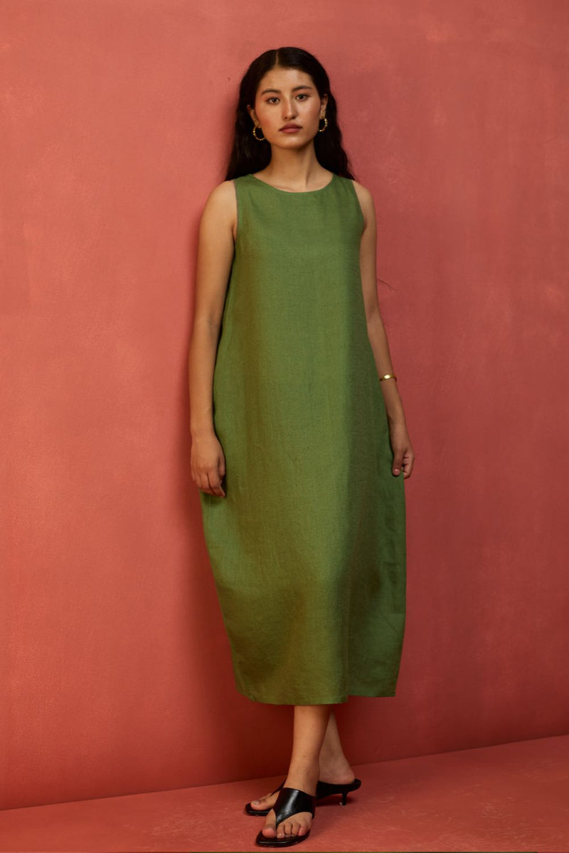 Juro Linen Parabola Dress - Fern Green linen by Manan in green color for women in Singapore