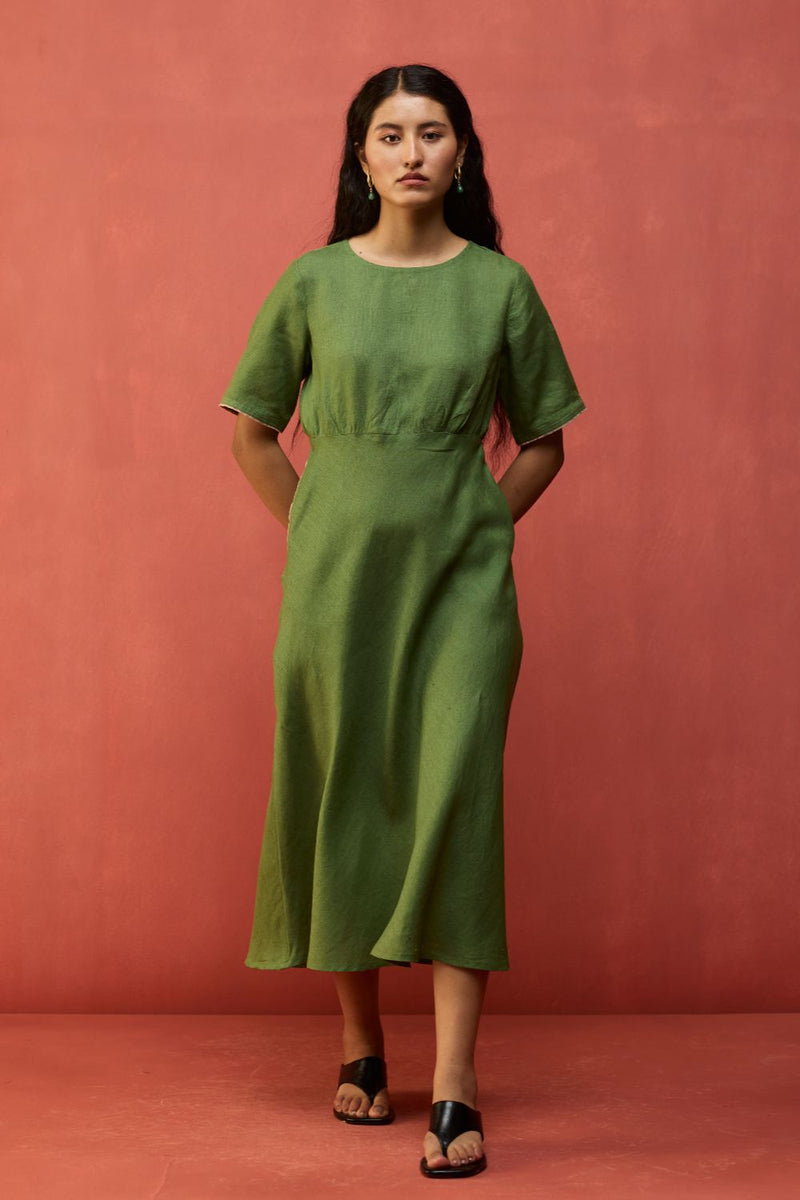 Fumi Bias Skirt Stripe Linen Dress - Fern Green linen by Manan in green color for women in Singapore