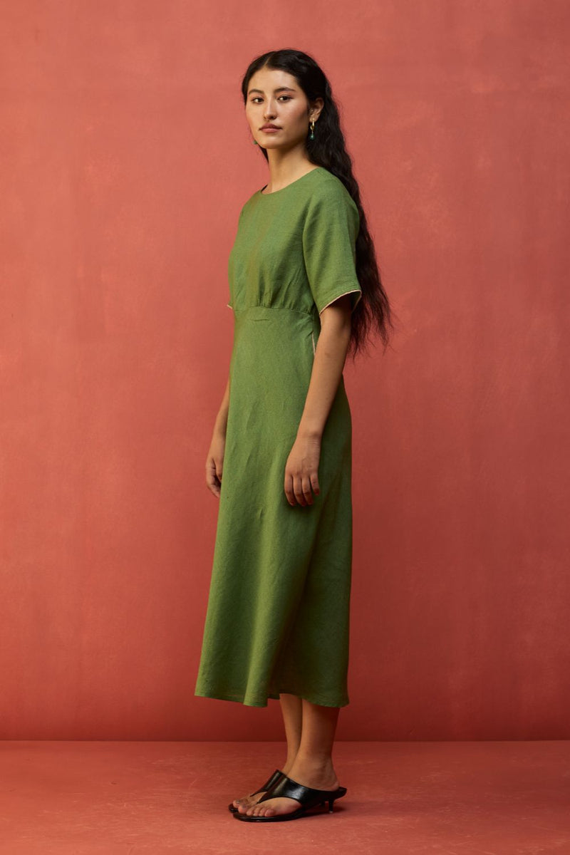 Fumi Bias Skirt Stripe Linen Dress - Fern Green linen by Manan in green color for women in Singapore