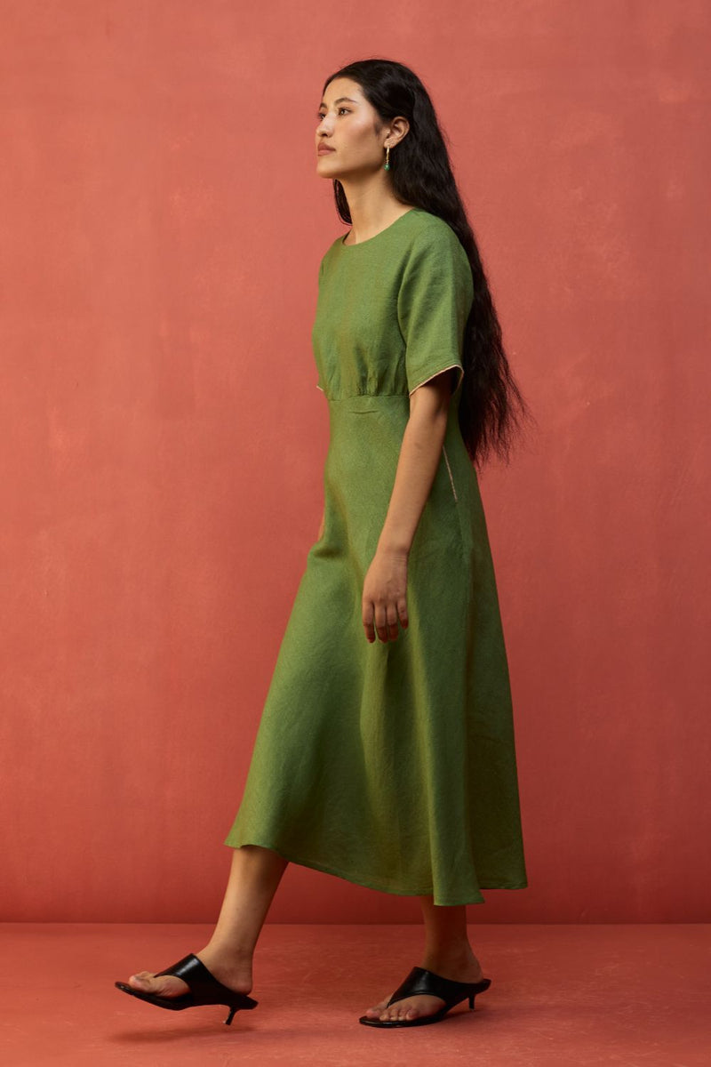 Fumi Bias Skirt Stripe Linen Dress - Fern Green linen by Manan in green color for women in Singapore