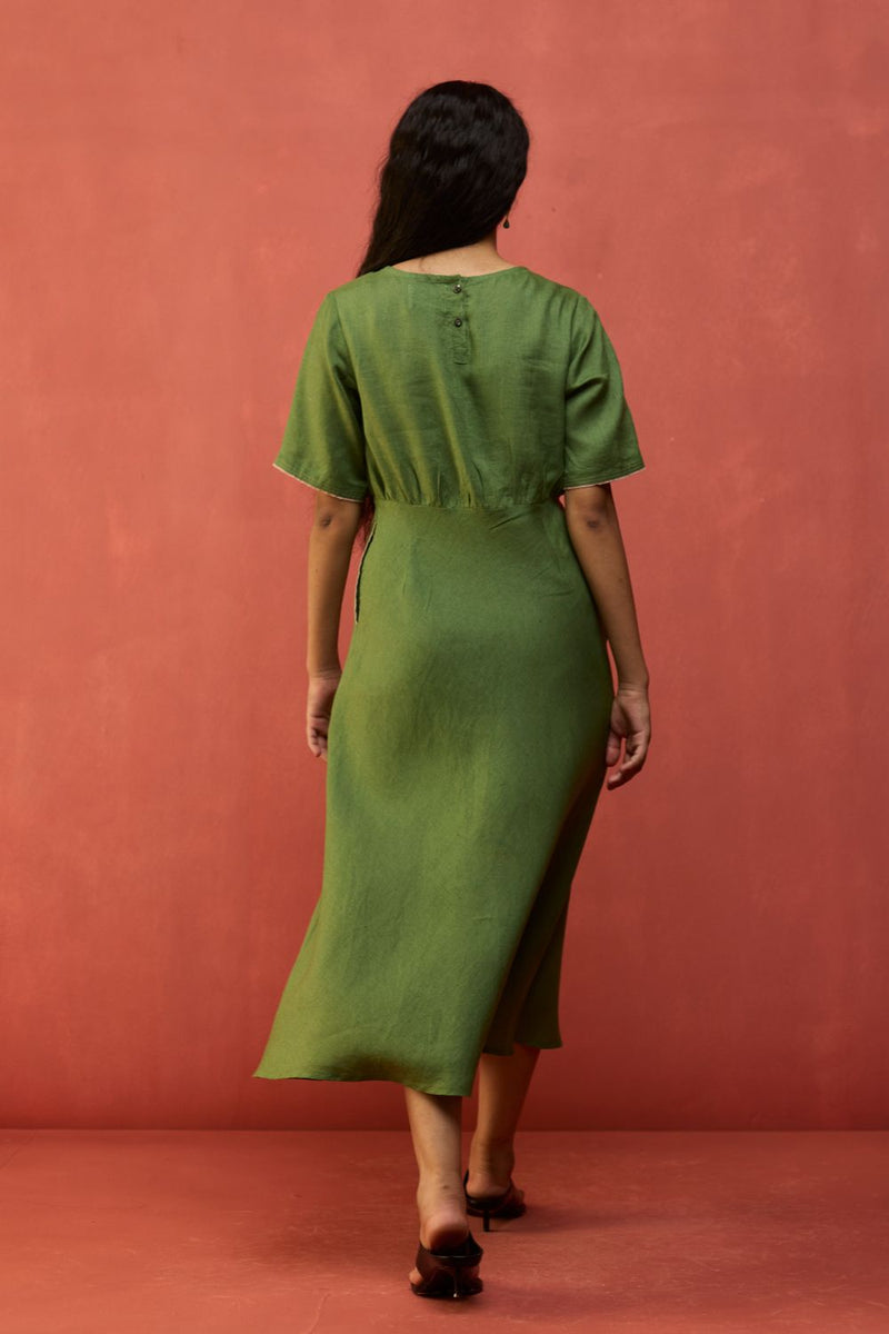 Fumi Bias Skirt Stripe Linen Dress - Fern Green linen by Manan in green color for women in Singapore