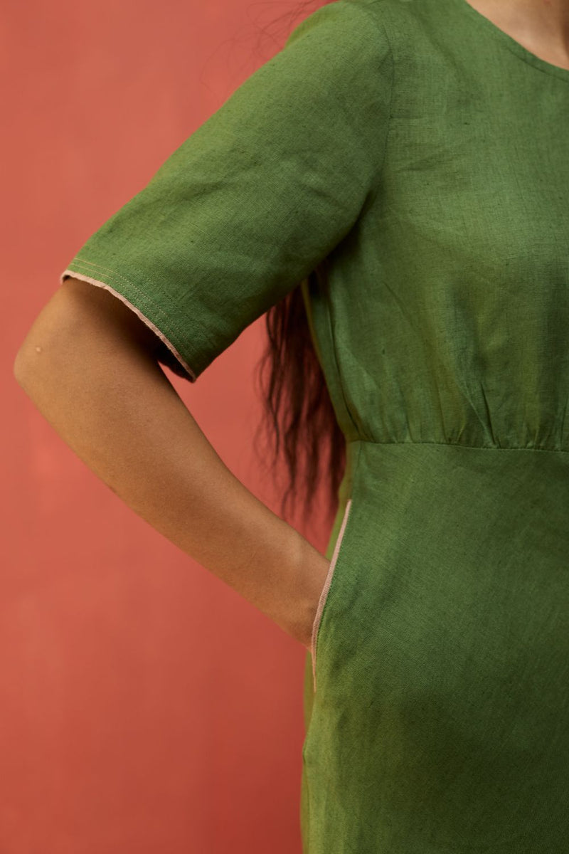 Fumi Bias Skirt Stripe Linen Dress - Fern Green linen by Manan in green color for women in Singapore
