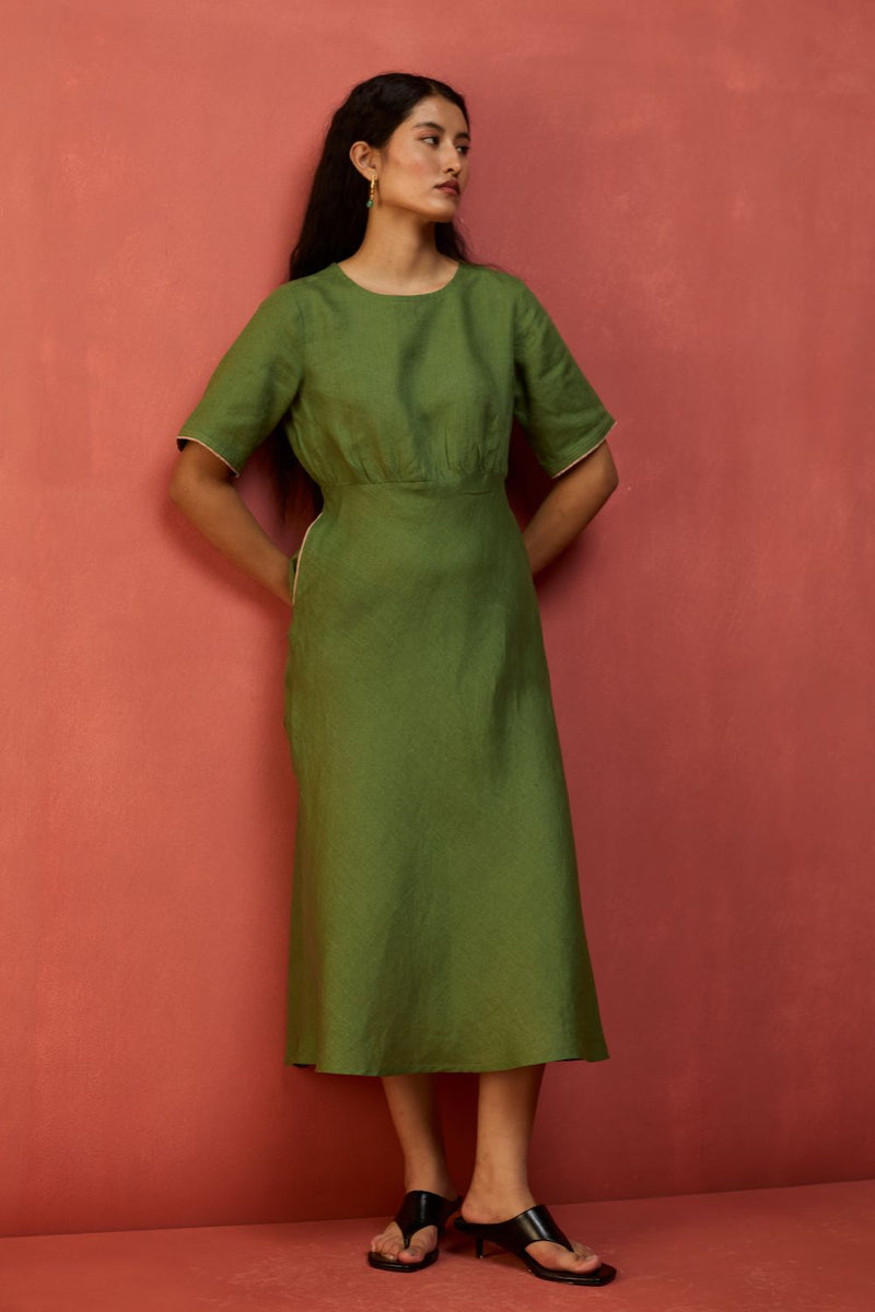 Fumi Bias Skirt Stripe Linen Dress - Fern Green linen by Manan in green color for women in Singapore