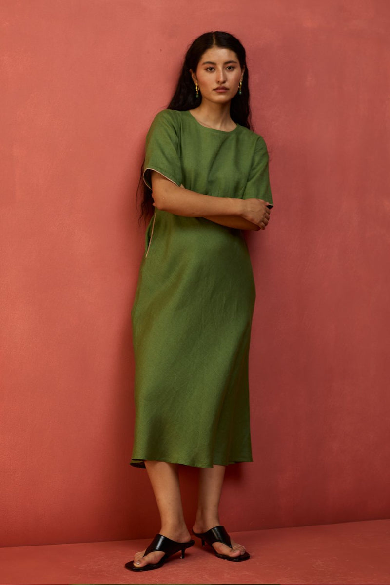 Fumi Bias Skirt Stripe Linen Dress - Fern Green linen by Manan in green color for women in Singapore