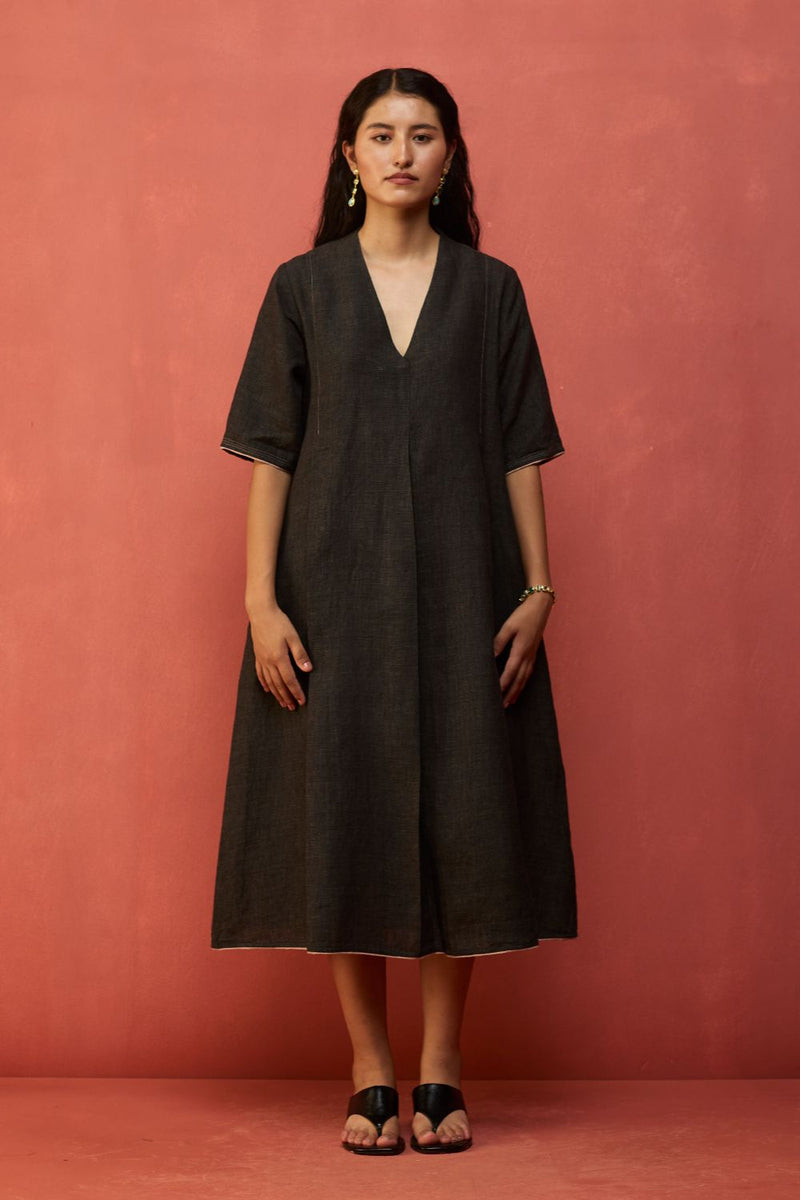 Maki Pleated Linen Dress - Charcoal linen by Manan in charcoal color for women in Singapore