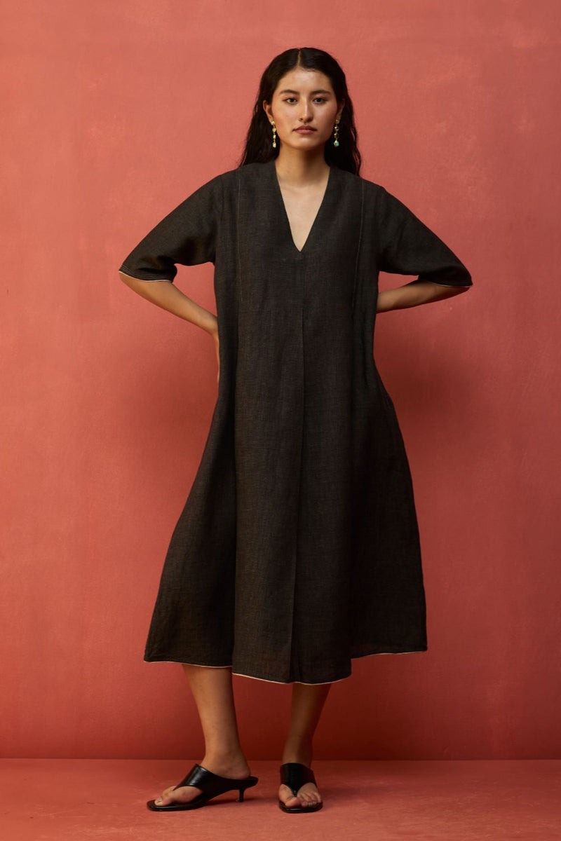 Maki Pleated Linen Dress - Charcoal linen by Manan in charcoal color for women in Singapore