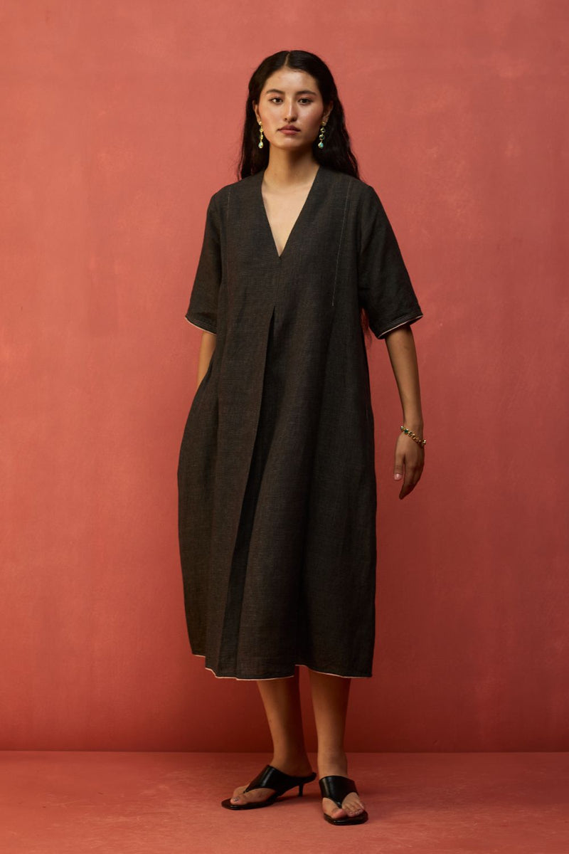 Maki Pleated Linen Dress - Charcoal linen by Manan in charcoal color for women in Singapore