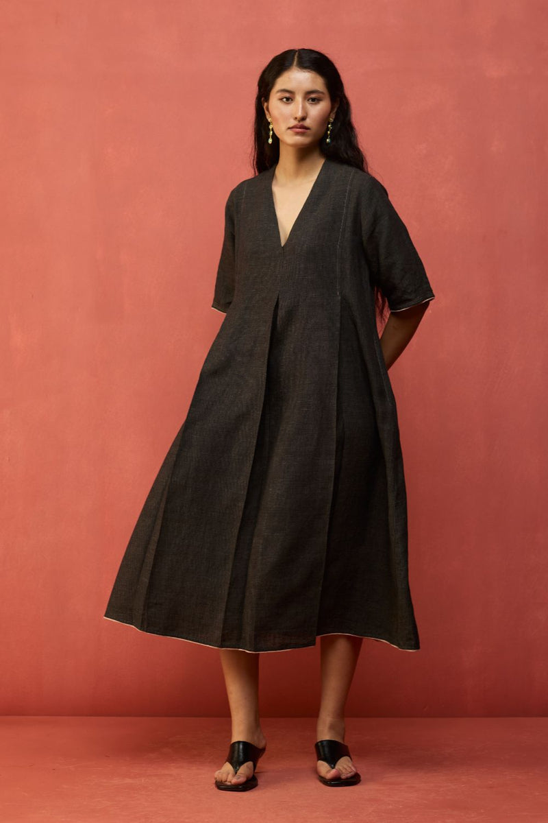 Maki Pleated Linen Dress - Charcoal linen by Manan in charcoal color for women in Singapore