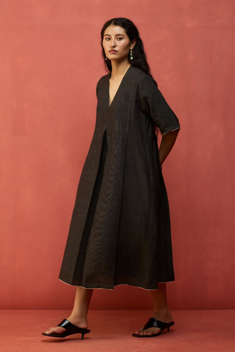 Maki Pleated Linen Dress - Charcoal linen by Manan in charcoal color for women in Singapore