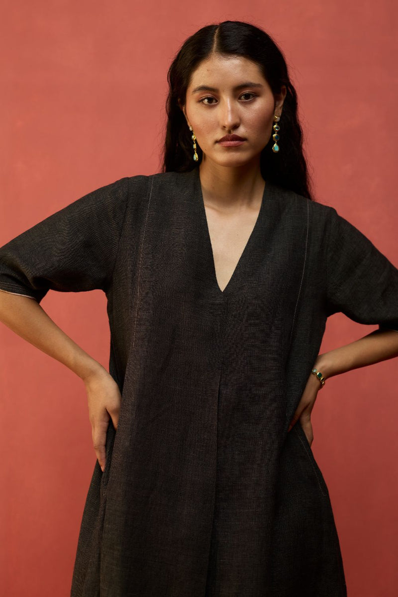 Maki Pleated Linen Dress - Charcoal linen by Manan in charcoal color for women in Singapore