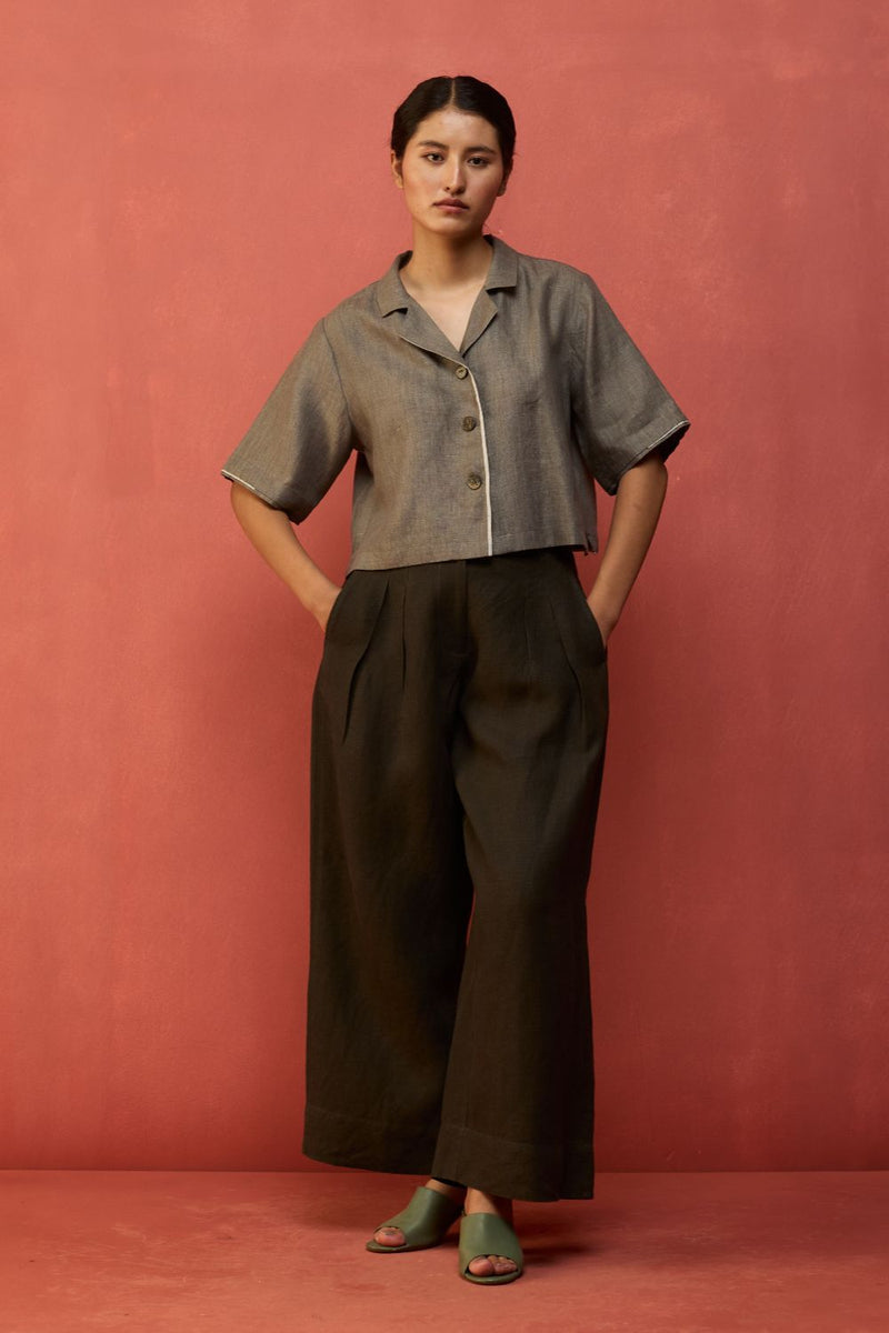 Kiera Cuban Collar Linen Shirt - Grey by Manan for in Singapore