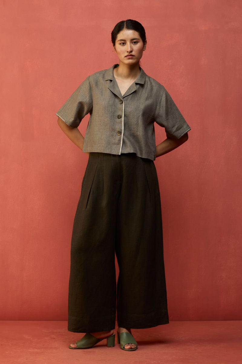 Kiera Cuban Collar Linen Co-ord Set - Grey by Manan for in Singapore