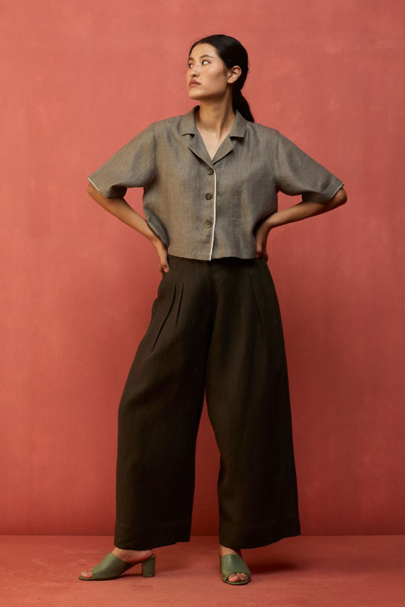 Kiera Cuban Collar Linen Co-ord Set - Grey by Manan for in Singapore