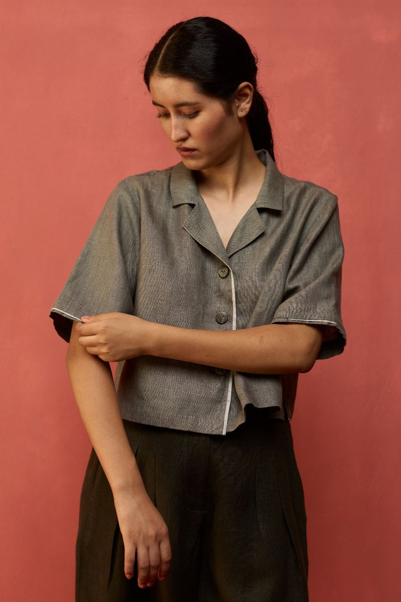 Kiera Cuban Collar Linen Shirt - Grey by Manan for in Singapore