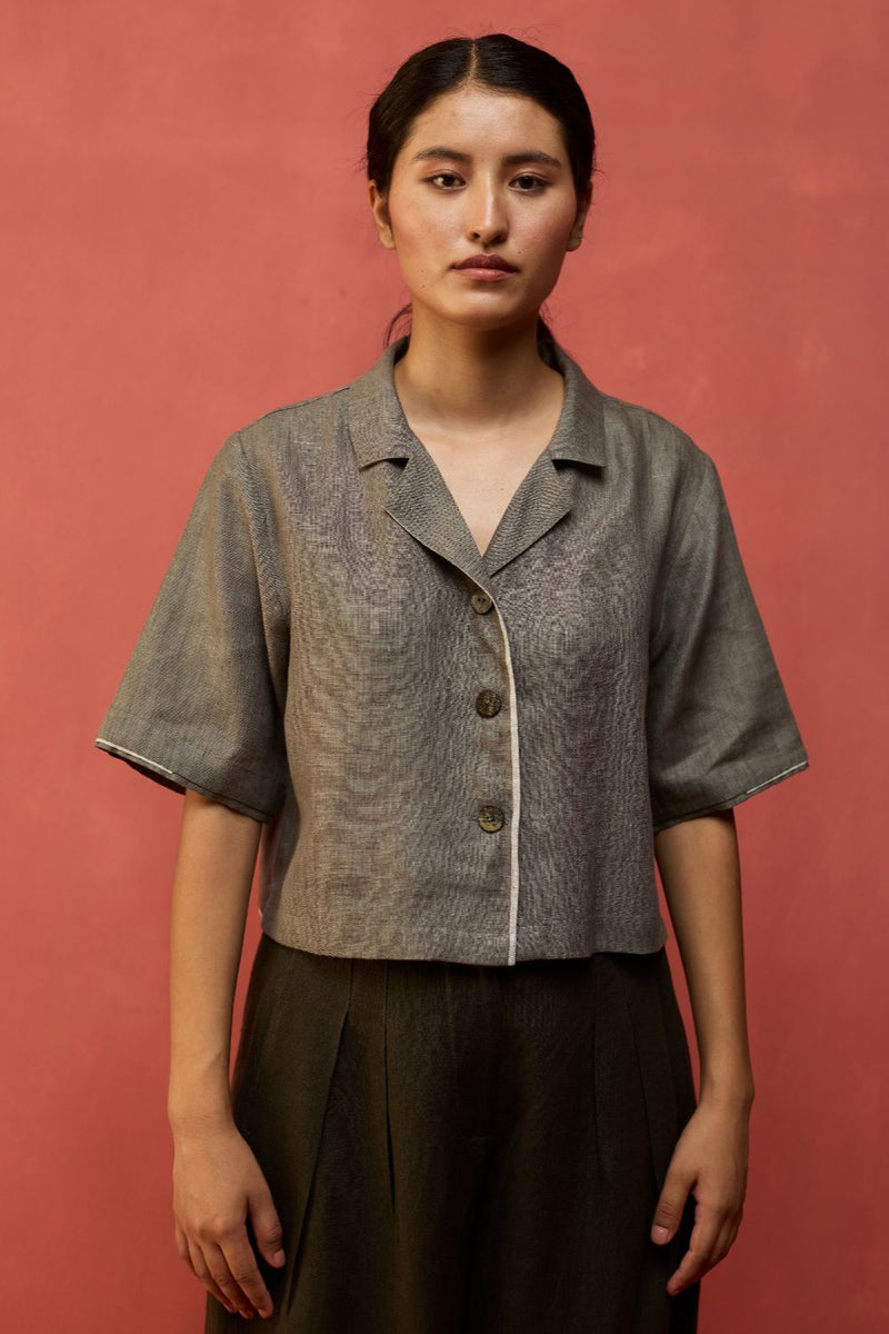 Kiera Cuban Collar Linen Shirt - Grey by Manan for in Singapore