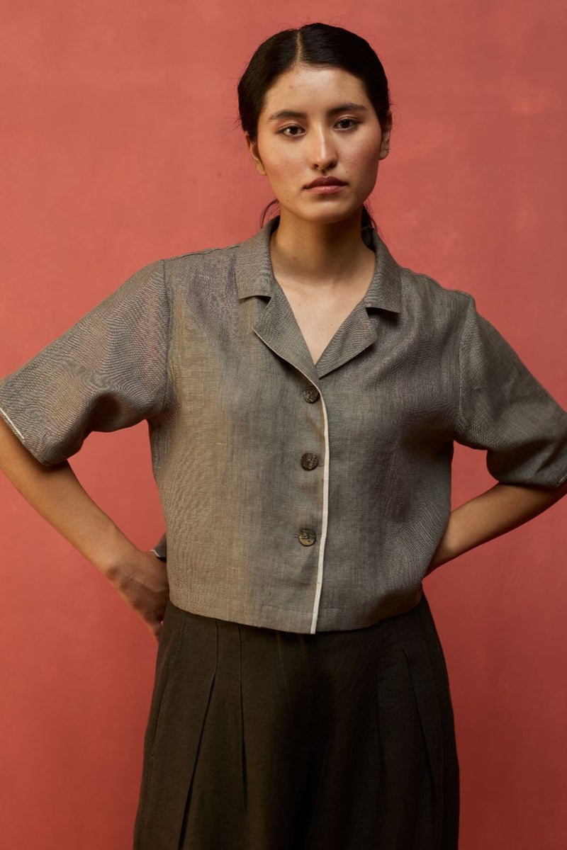 Kiera Cuban Collar Linen Co-ord Set - Grey by Manan for in Singapore