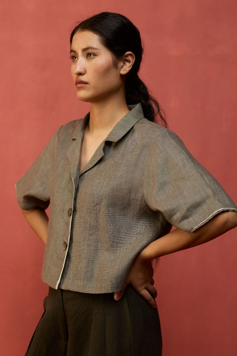 Kiera Cuban Collar Linen Shirt - Grey by Manan for in Singapore