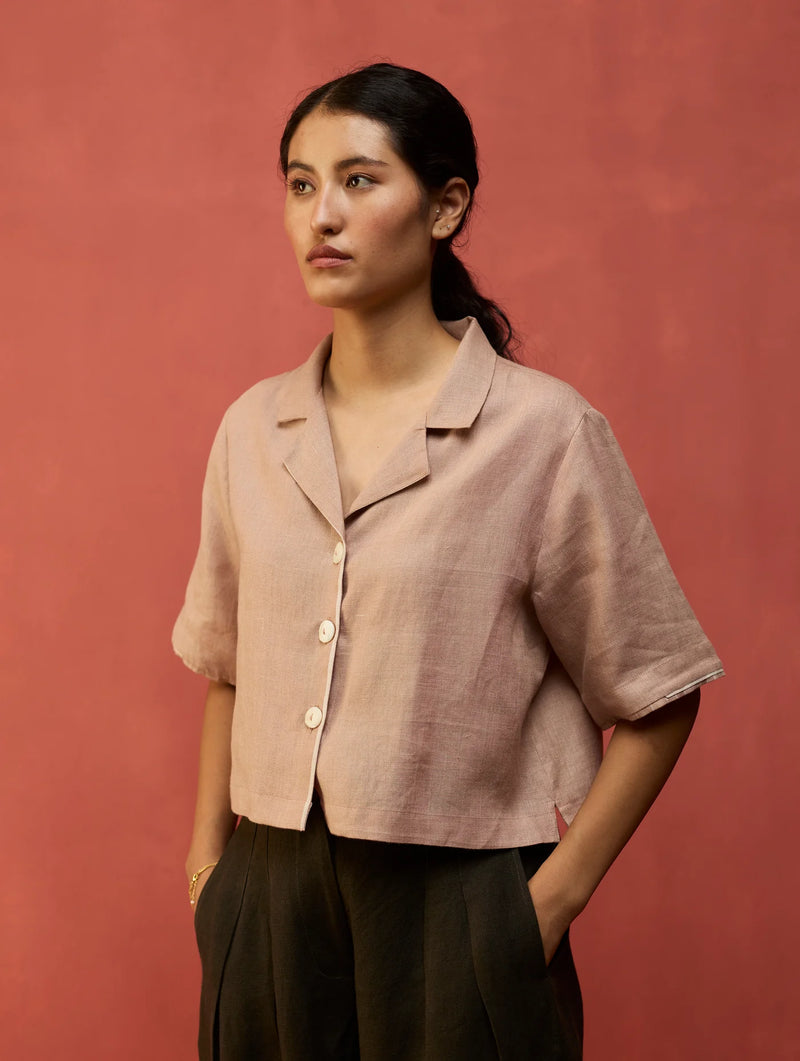 Kiera Cuban Collar Linen Shirt - Dusty Rose