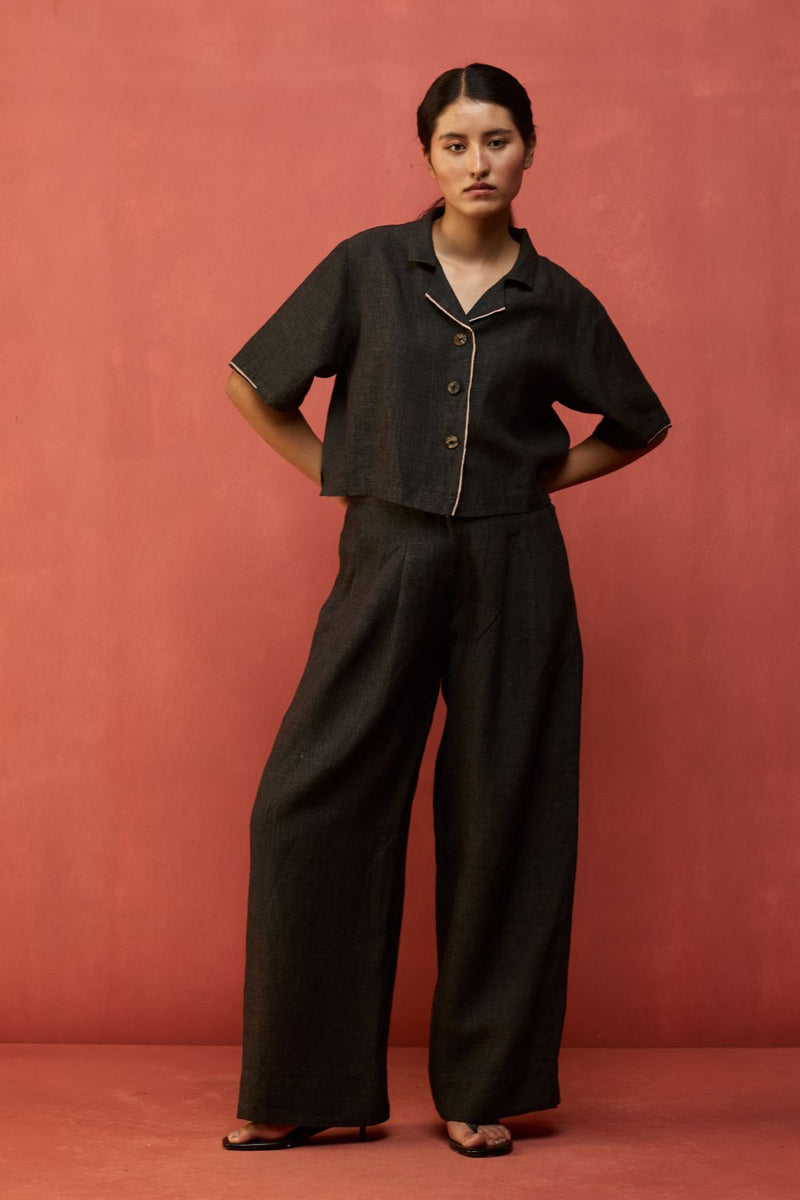 Kiera Cuban Collar Linen Shirt - Charcoal by Manan for in Singapore
