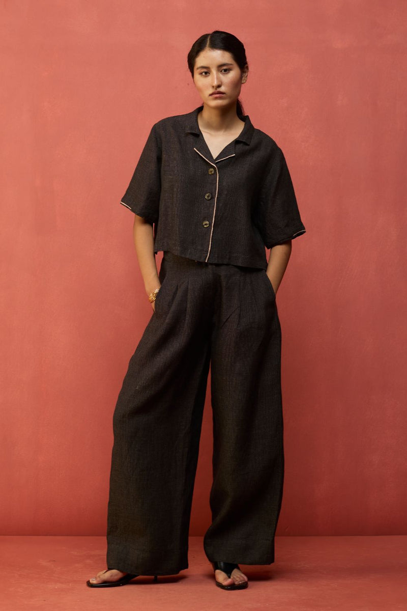 Kiera Cuban Collar Linen Shirt - Charcoal by Manan for in Singapore