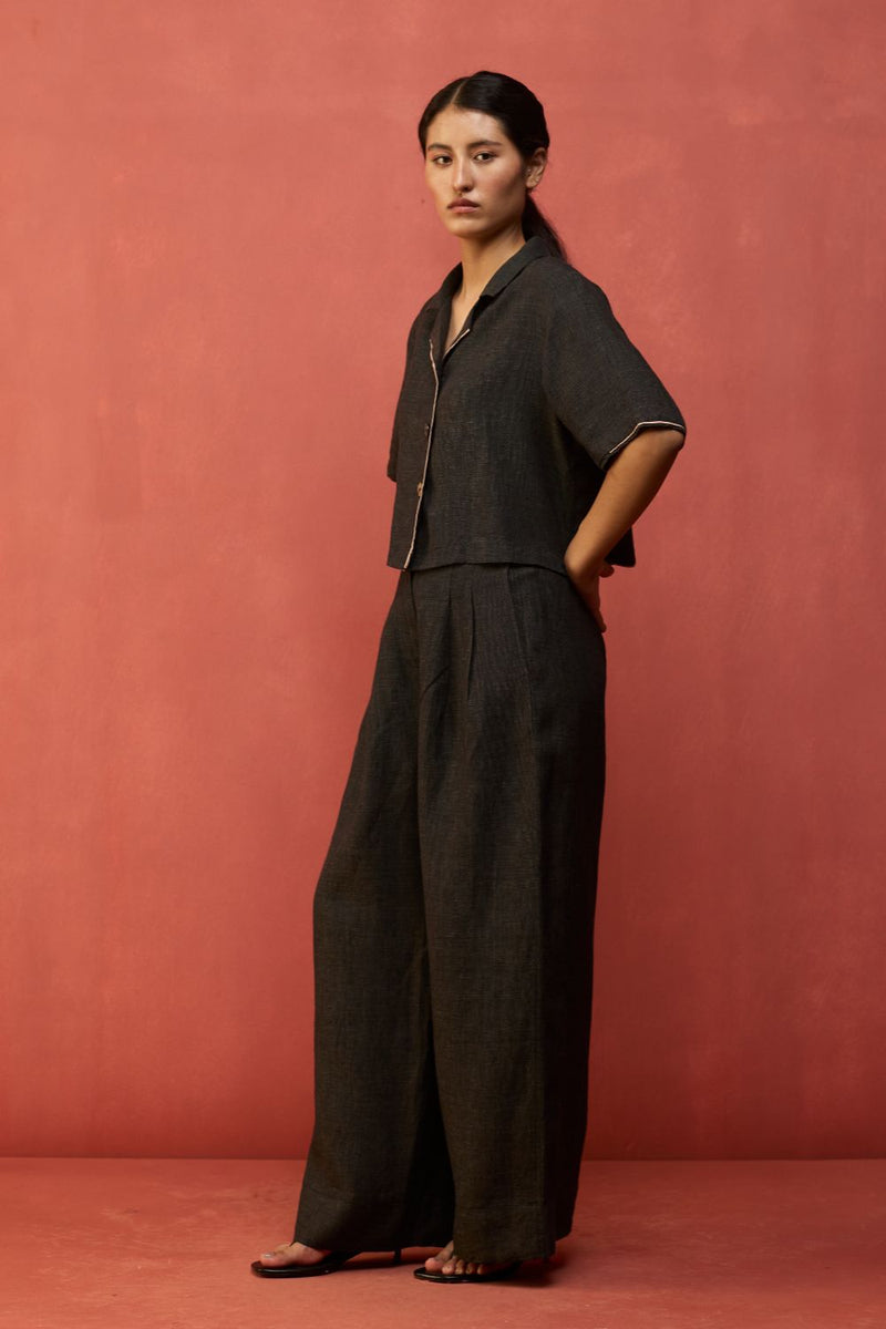Kiera Cuban Collar Linen Shirt - Charcoal by Manan for in Singapore