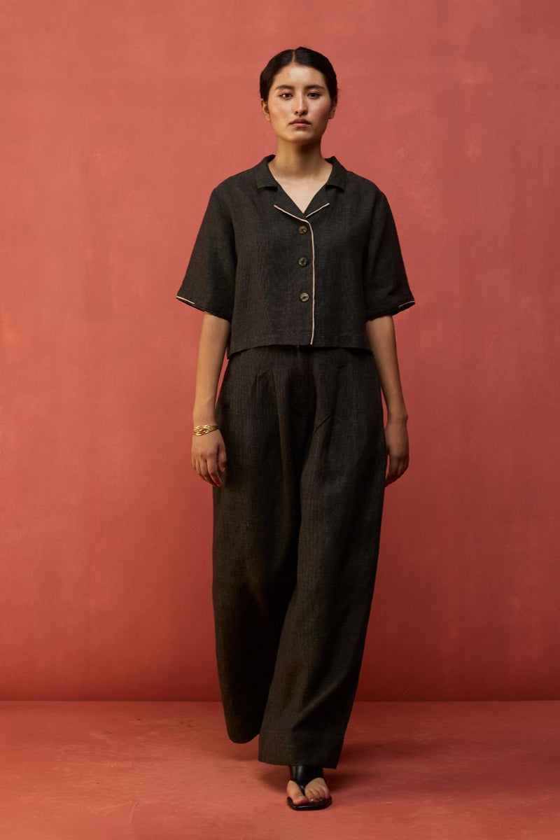 Kiera Cuban Collar Linen Shirt - Charcoal by Manan for in Singapore