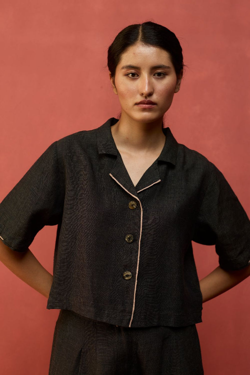 Kiera Cuban Collar Linen Shirt - Charcoal by Manan for in Singapore