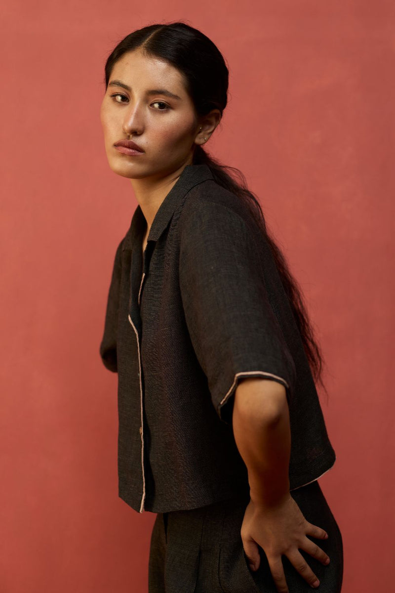Kiera Cuban Collar Linen Shirt - Charcoal by Manan for in Singapore