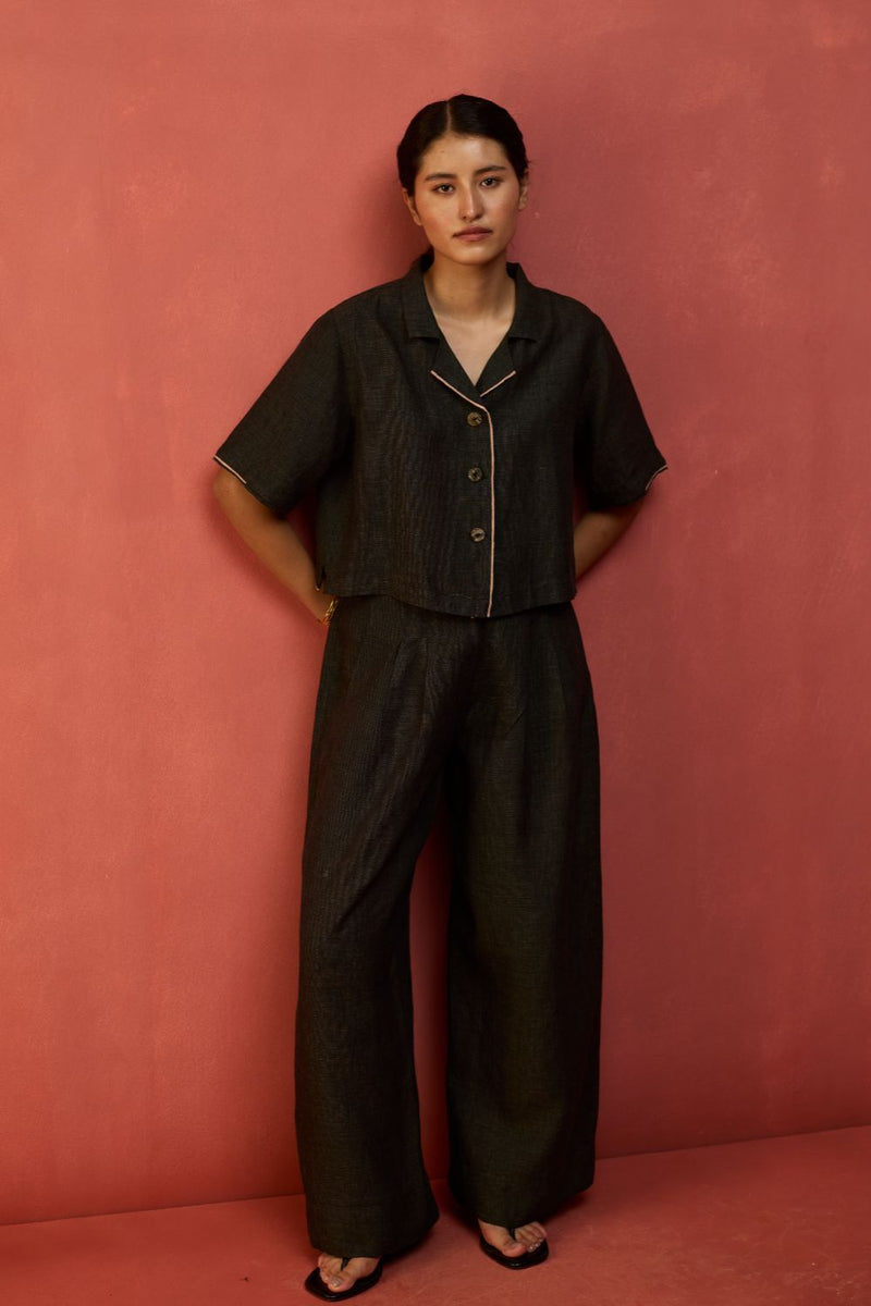 Kiera Cuban Collar Linen Shirt - Charcoal by Manan for in Singapore