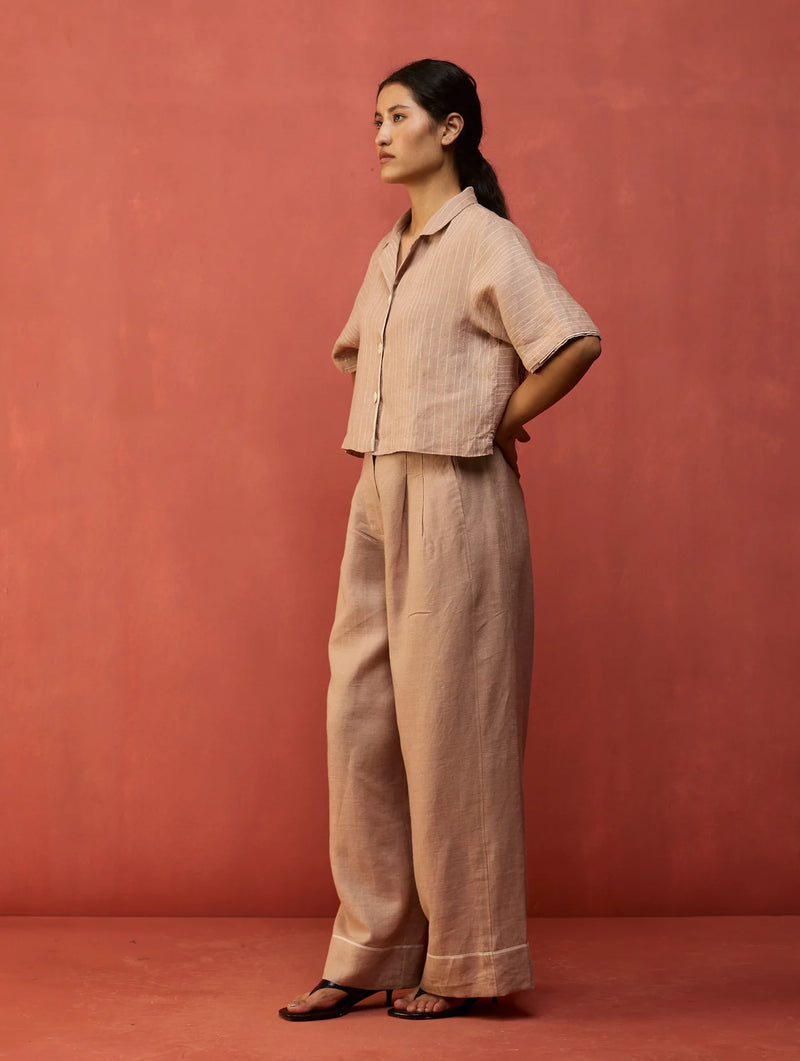 Kiera Cuban Collar Stripe Linen Shirt - Dusty Rose
