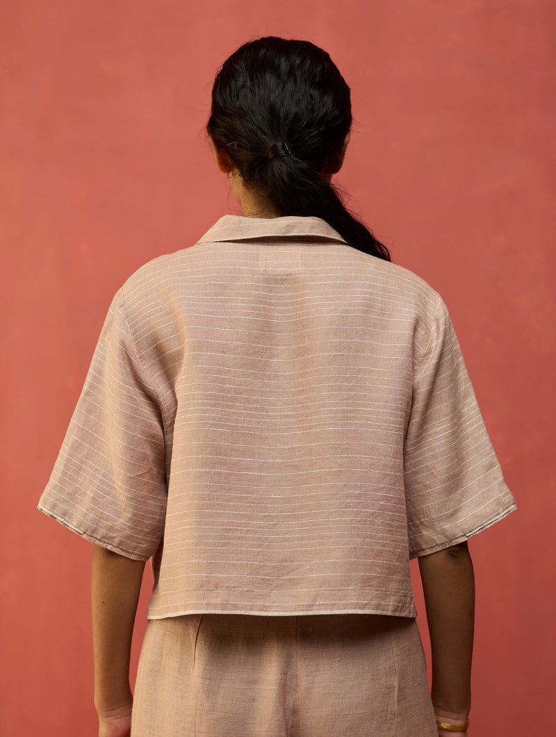 Kiera Cuban Collar Stripe Linen Co-ord Set - Dusty Rose