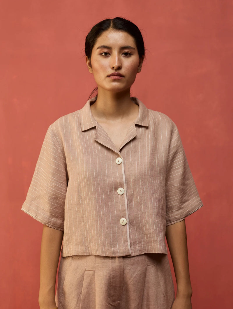 Kiera Cuban Collar Stripe Linen Shirt - Dusty Rose