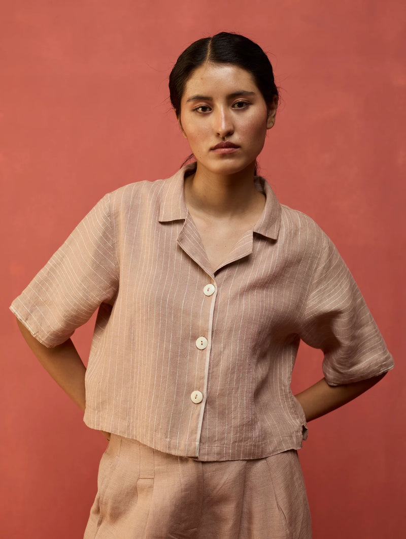 Kiera Cuban Collar Stripe Linen Shirt - Dusty Rose