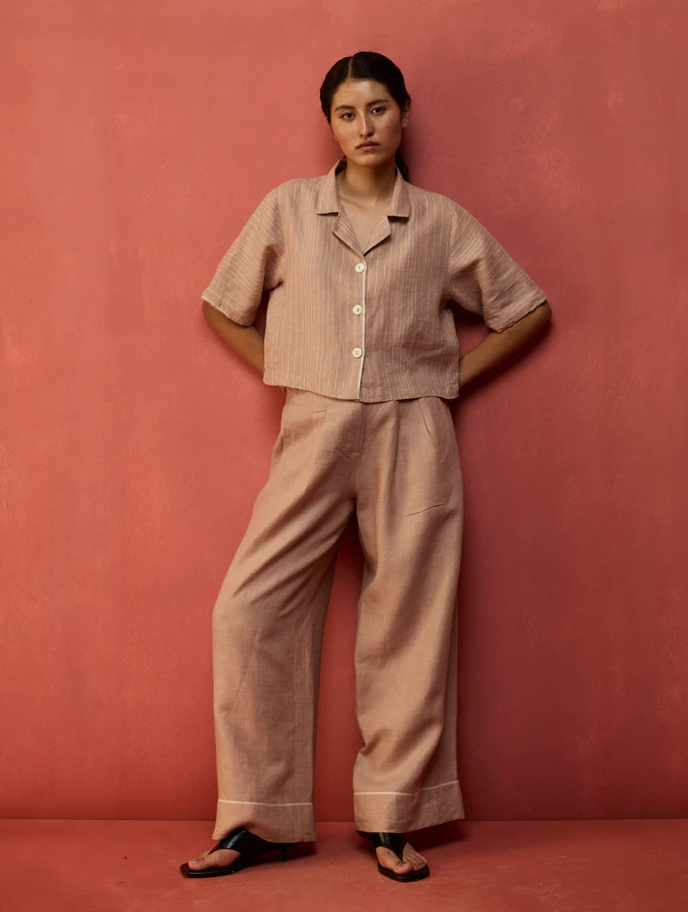 Kiera Cuban Collar Stripe Linen Co-ord Set - Dusty Rose