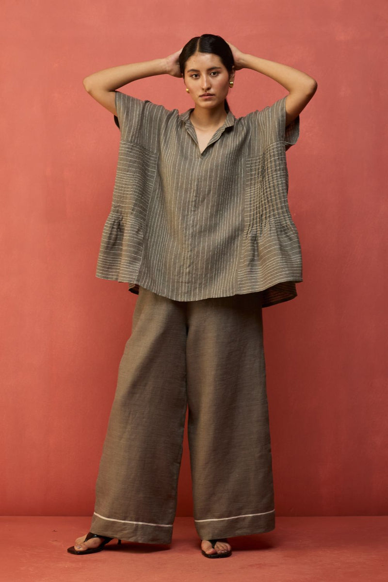 Bonnie Pleated Stripe Linen Co-ord Set - Grey by Manan for in Singapore