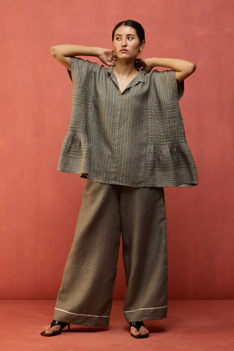 Bonnie Pleated Stripe Linen Top - Grey by Manan for in Singapore