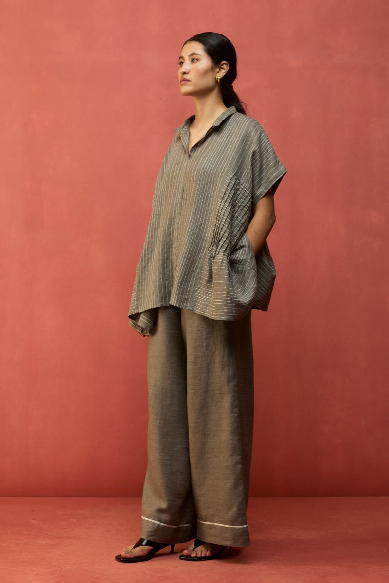 Bonnie Pleated Stripe Linen Co-ord Set - Grey by Manan for in Singapore
