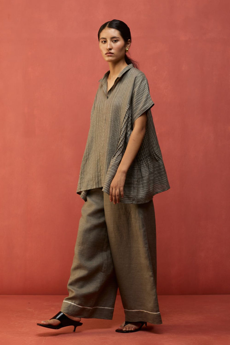 Bonnie Pleated Stripe Linen Top - Grey by Manan for in Singapore