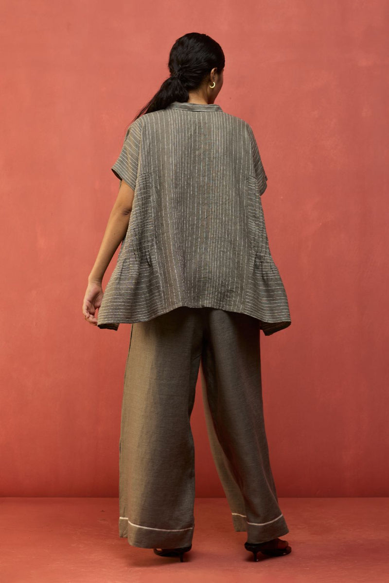 Bonnie Pleated Stripe Linen Top - Grey by Manan for in Singapore