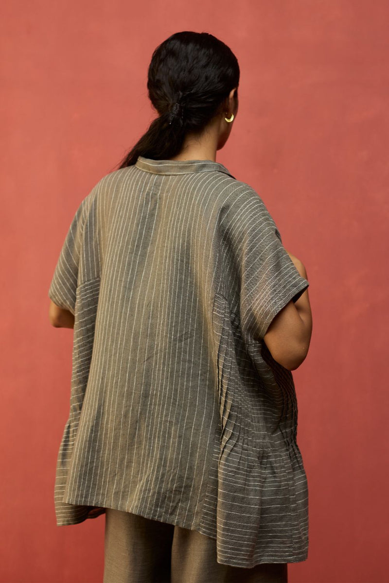 Bonnie Pleated Stripe Linen Co-ord Set - Grey by Manan for in Singapore