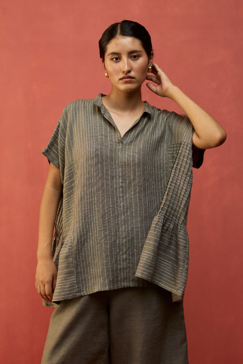 Bonnie Pleated Stripe Linen Co-ord Set - Grey by Manan for in Singapore