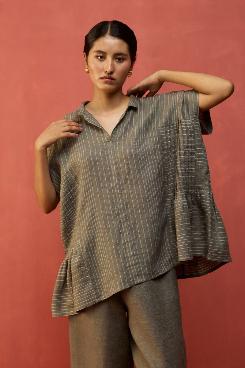 Bonnie Pleated Stripe Linen Co-ord Set - Grey by Manan for in Singapore